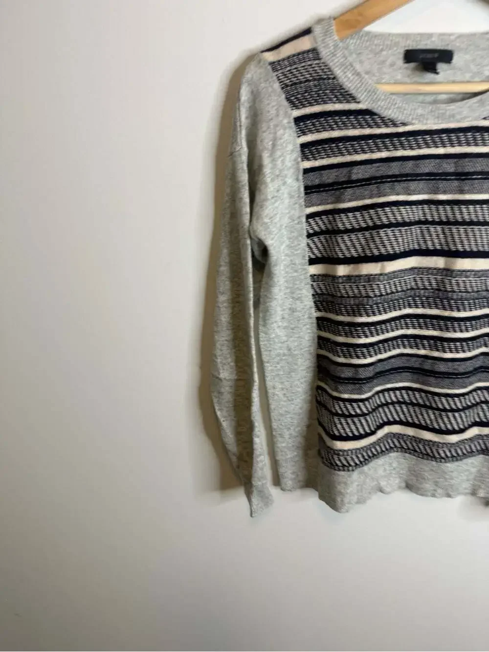 J. Crew Gray Crewneck Sweater with Navy and Cream Stripes wool rabbit hair small